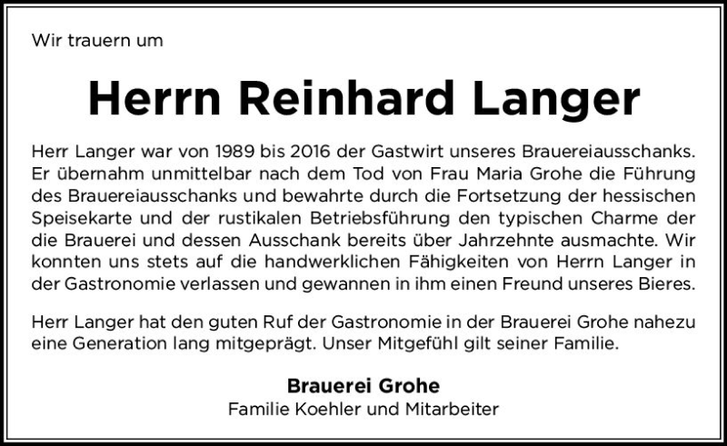  Traueranzeige für Reinhard Langer vom 24.02.2018 aus Trauerportal Rhein Main Presse