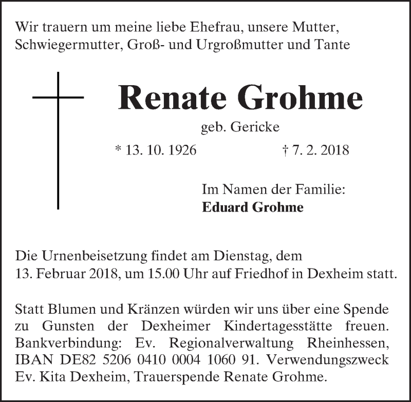  Traueranzeige für Renate Grohme vom 10.02.2018 aus Trauerportal Rhein Main Presse