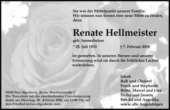 Traueranzeige von Renate Hellmeister von Trauerportal Rhein Main Presse