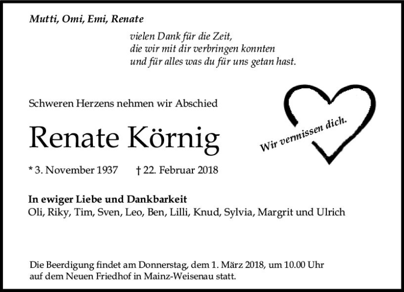  Traueranzeige für Renate Körnig vom 24.02.2018 aus Trauerportal Rhein Main Presse