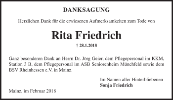 Traueranzeige von Rita Friedrich von Trauerportal Rhein Main Presse