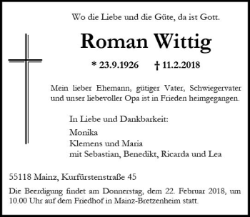 Traueranzeige von Roman Wittig von Trauerportal Rhein Main Presse
