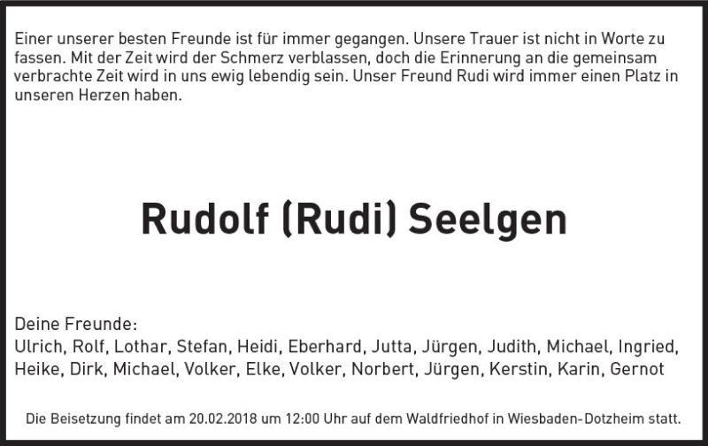  Traueranzeige für Rudolf Seelgen vom 17.02.2018 aus Trauerportal Rhein Main Presse