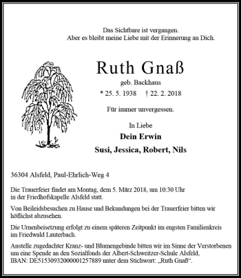 Traueranzeige von Ruth Gnaß von VRM Trauer