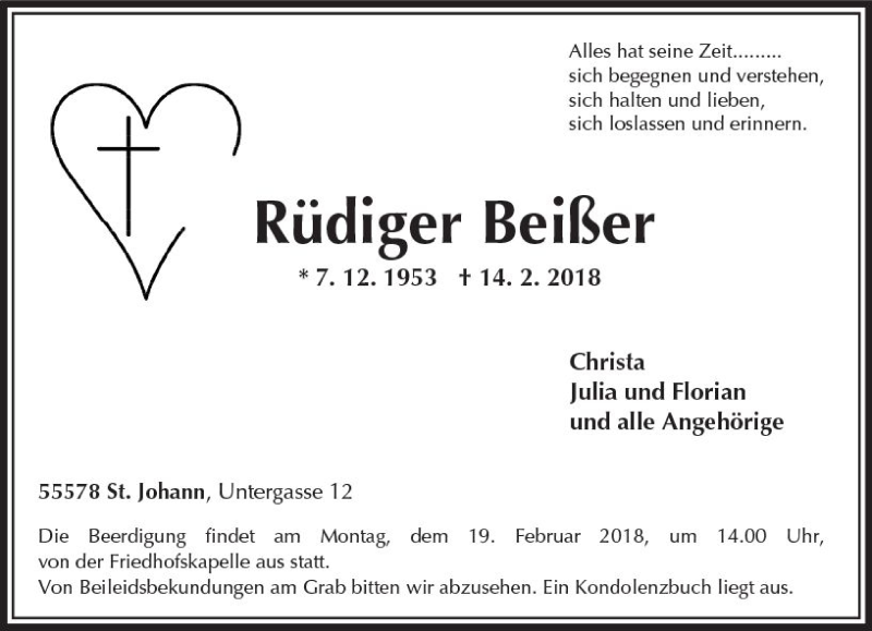  Traueranzeige für Rüdiger Beißer vom 16.02.2018 aus Trauerportal Rhein Main Presse