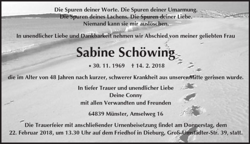  Traueranzeige für Sabine Schöwing vom 17.02.2018 aus Trauerportal Rhein Main Presse