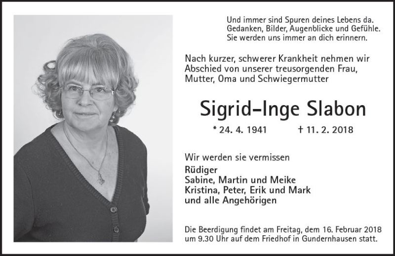  Traueranzeige für Sigrid-Inge Slabon vom 14.02.2018 aus Trauerportal Rhein Main Presse