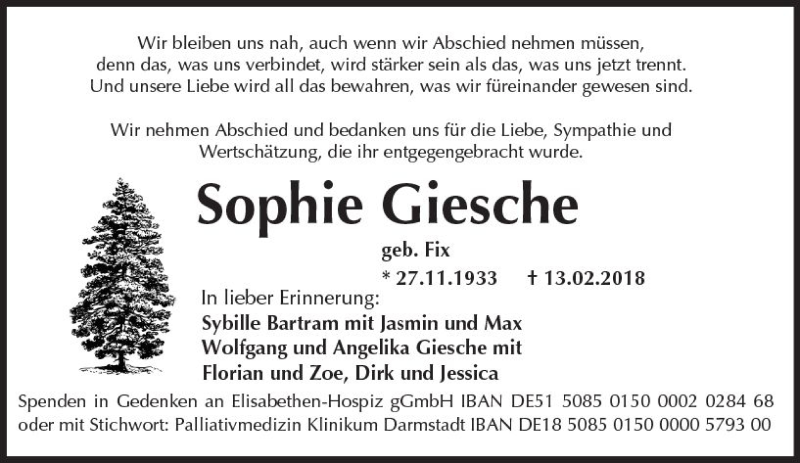  Traueranzeige für Sophie Giesche vom 24.02.2018 aus Trauerportal Rhein Main Presse