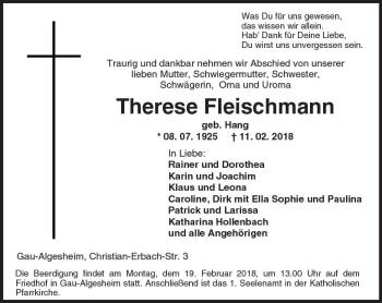 Traueranzeige von Therese Fleischmann von Trauerportal Rhein Main Presse