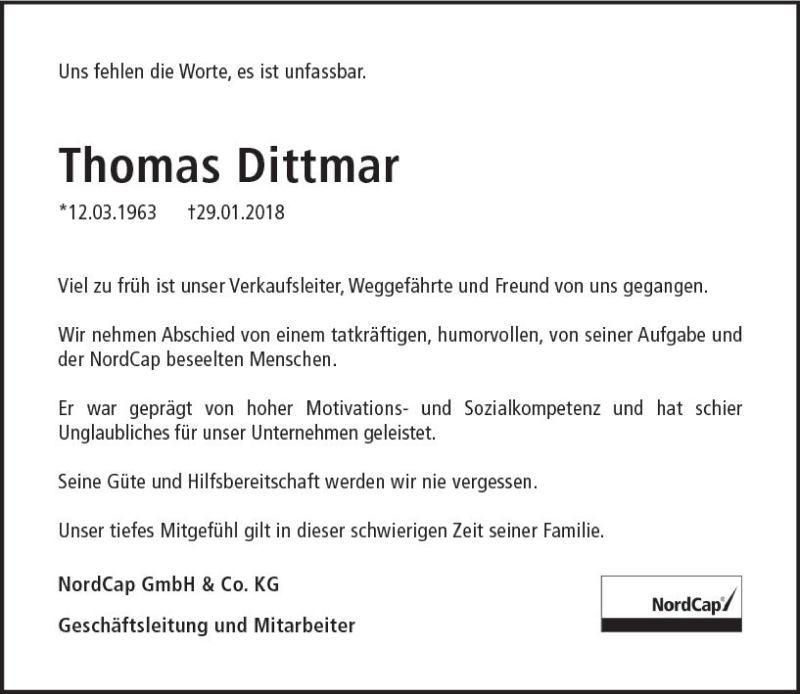  Traueranzeige für Thomas Dittmar vom 03.02.2018 aus Trauerportal Rhein Main Presse