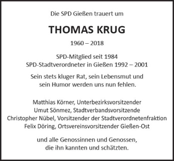 Traueranzeige von Thomas Krug von  Gießener Anzeiger