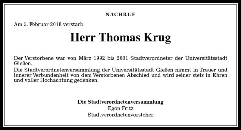  Traueranzeige für Thomas Krug vom 13.02.2018 aus  Gießener Anzeiger