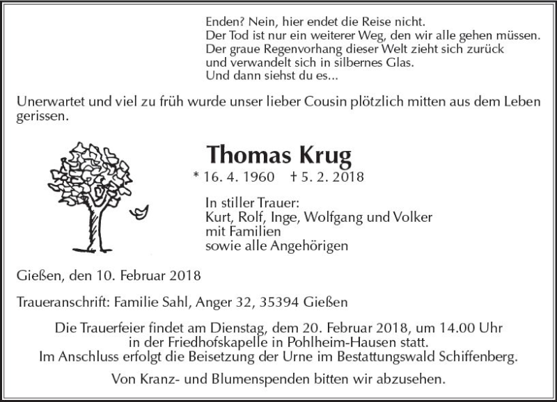  Traueranzeige für Thomas Krug vom 10.02.2018 aus  Gießener Anzeiger