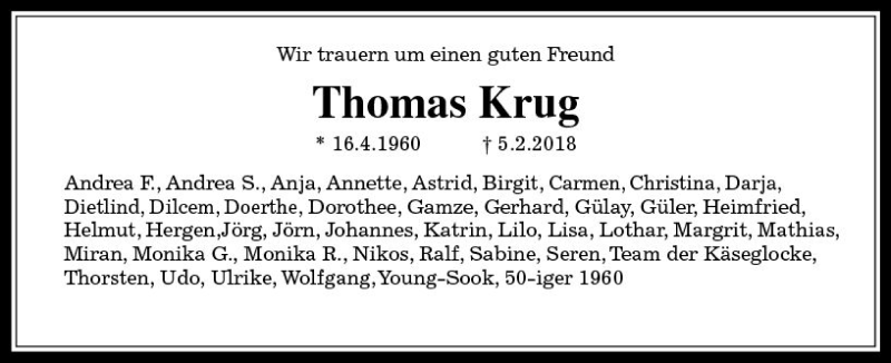  Traueranzeige für Thomas Krug vom 10.02.2018 aus  Gießener Anzeiger
