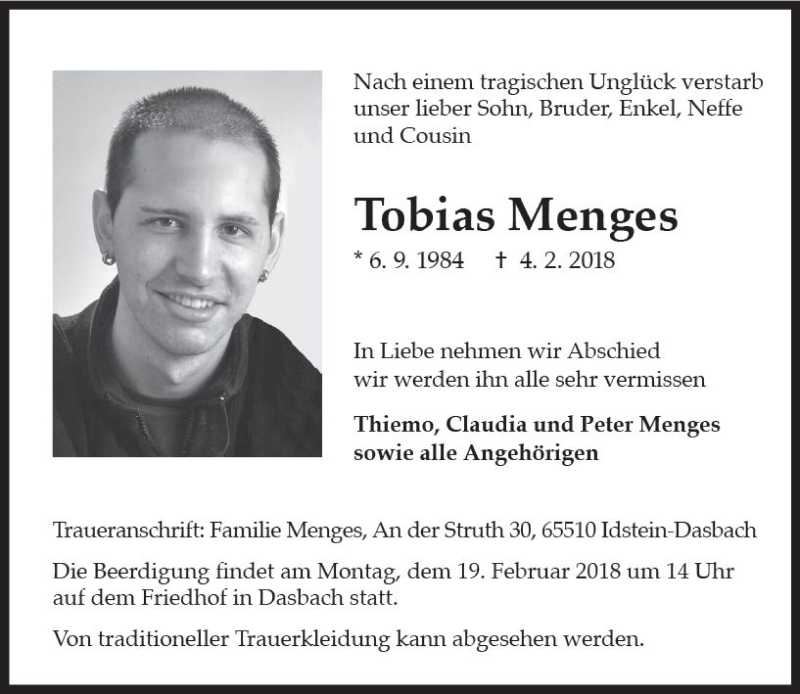  Traueranzeige für Tobias Menges vom 16.02.2018 aus Trauerportal Rhein Main Presse