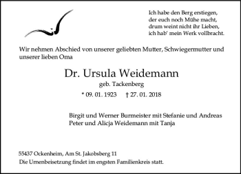 Traueranzeige von Ursula Weidemann von Trauerportal Rhein Main Presse