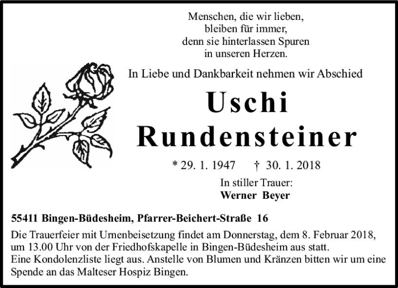  Traueranzeige für Uschi Rundensteiner vom 03.02.2018 aus Trauerportal Rhein Main Presse