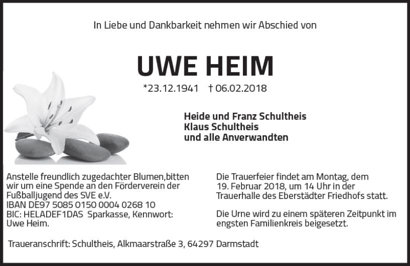  Traueranzeige für Uwe Heim vom 17.02.2018 aus Trauerportal Rhein Main Presse