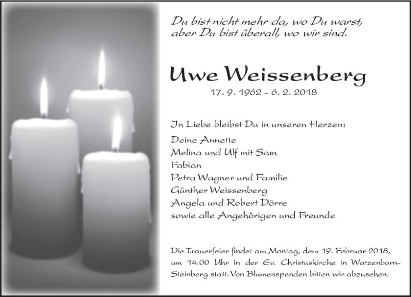  Traueranzeige für Uwe Weissenberg vom 14.02.2018 aus  Gießener Anzeiger