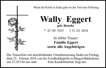 Traueranzeige von Wally Eggert von Trauerportal Rhein Main Presse