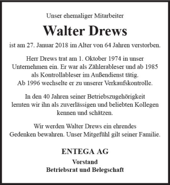 Traueranzeige von Walter Drews von Trauerportal Rhein Main Presse