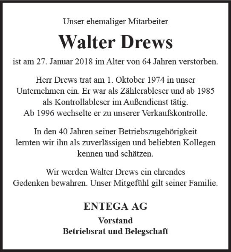  Traueranzeige für Walter Drews vom 03.02.2018 aus Trauerportal Rhein Main Presse