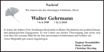 Traueranzeige von Walter Gehrmann von Trauerportal Rhein Main Presse