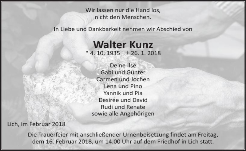  Traueranzeige für Walter Kunz vom 10.02.2018 aus  Gießener Anzeiger