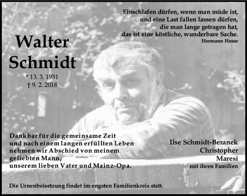  Traueranzeige für Walter Schmidt vom 17.02.2018 aus Trauerportal Rhein Main Presse