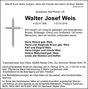Traueranzeige von Walter Josef Weis von Trauerportal Rhein Main Presse
