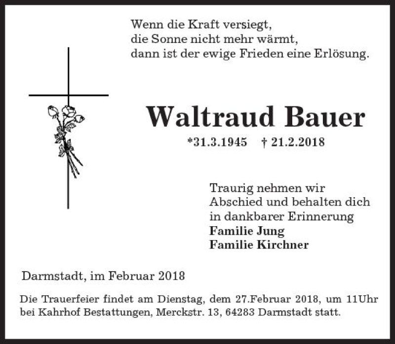  Traueranzeige für Waltraud Bauer vom 24.02.2018 aus Trauerportal Rhein Main Presse