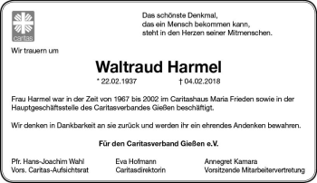Traueranzeige von Waltraud Harmel von  Gießener Anzeiger
