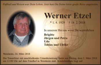 Traueranzeige von Werner Etzel von Trauerportal Rhein Main Presse