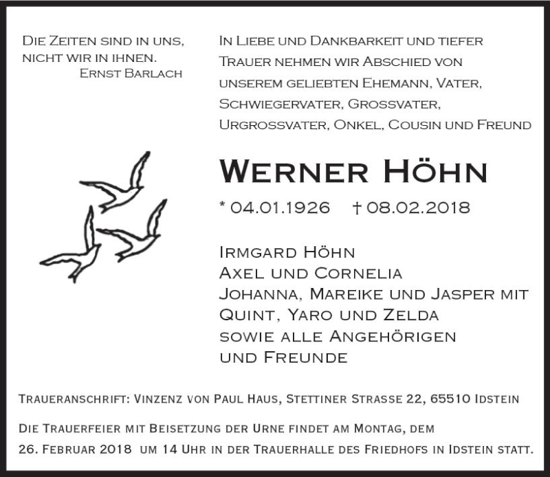  Traueranzeige für Werner Höhn vom 17.02.2018 aus Trauerportal Rhein Main Presse