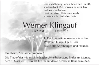 Traueranzeige von Werner Klingauf von Trauerportal Rhein Main Presse