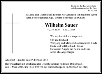Traueranzeige von Wilhelm Sauer von  Gießener Anzeiger