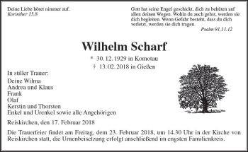 Traueranzeige von Wilhelm Scharf von  Gießener Anzeiger