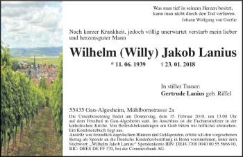 Traueranzeige von Wilhelm Jakob Lanius von Trauerportal Rhein Main Presse