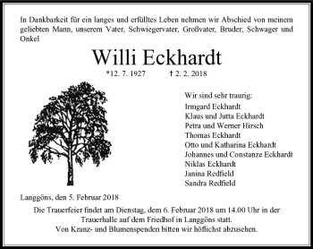 Traueranzeige von Willi Eckhardt von  Gießener Anzeiger