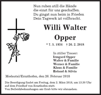 Traueranzeige von Willi Walter Opper von Trauerportal Rhein Main Presse