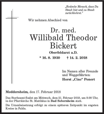 Traueranzeige von Willibald Theodor Bickert von Trauerportal Rhein Main Presse