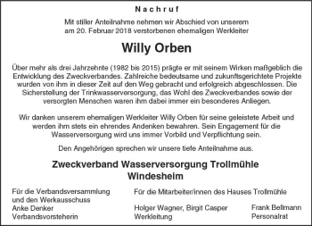 Traueranzeige von Willy Orben von Trauerportal Rhein Main Presse