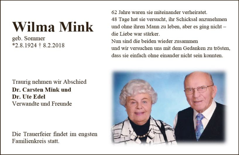  Traueranzeige für Wilma Mink vom 17.02.2018 aus Trauerportal Rhein Main Presse