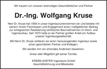 Traueranzeige von Wolfgang Kruse von Trauerportal Rhein Main Presse