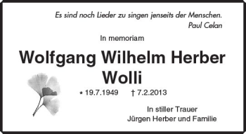 Traueranzeige von Wolfgang Wilhelm Herber von Trauerportal Rhein Main Presse
