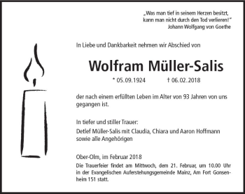 Traueranzeige von Wolfram Müller-Salis von Trauerportal Rhein Main Presse