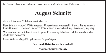 Traueranzeige von August Schmitt von Trauerportal Rhein Main Presse