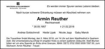 Traueranzeige von Armin Reuther von Trauerportal Rhein Main Presse