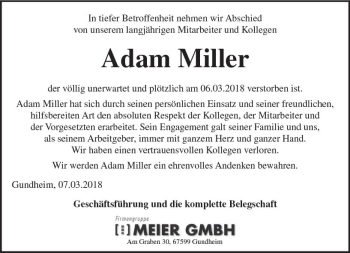 Traueranzeige von Adam Miller von Trauerportal Rhein Main Presse
