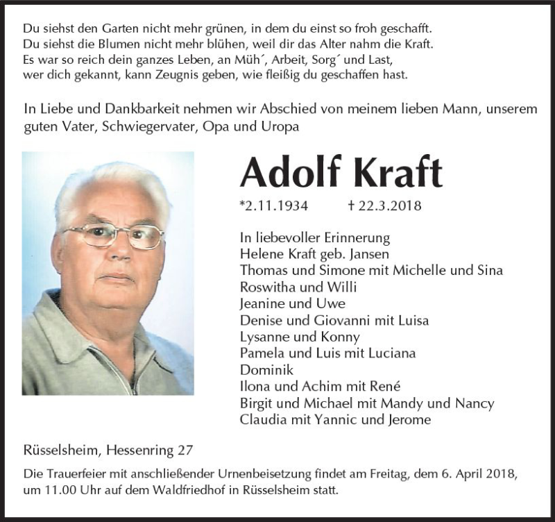 Traueranzeige für Adolf Kraft vom 31.03.2018 aus Trauerportal Rhein Main Presse